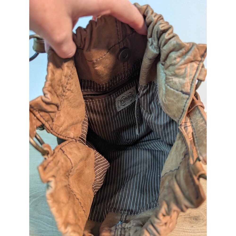 Fossil Brown Suede Leather Handbag Shoulder Cinched Authentic Classic Y2K - Picture 3 of 5